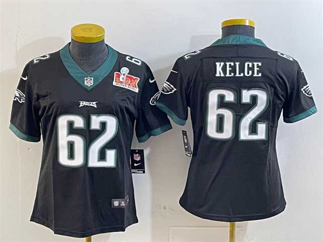 Womens Philadelphia Eagles #62 Jason Kelce Black 2025 Super Bowl LIX Patch Vapor Untouchable Limited Stitched Jersey(Run Small)